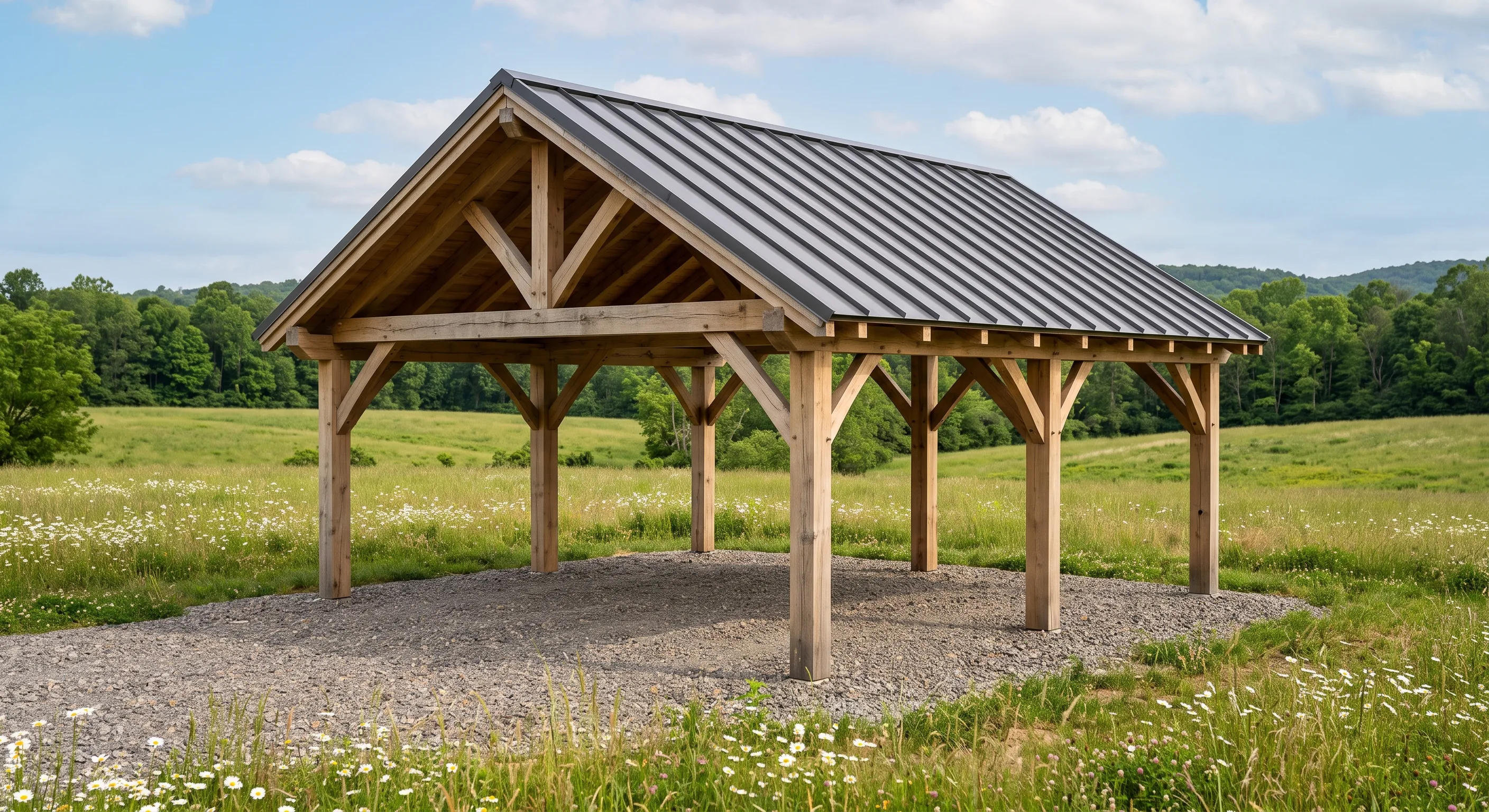 A Unicoi Homes carport — timber-framed and open on all sides — rough-sawn posts, exposed knee braces, and the same standing-seam roof as the house