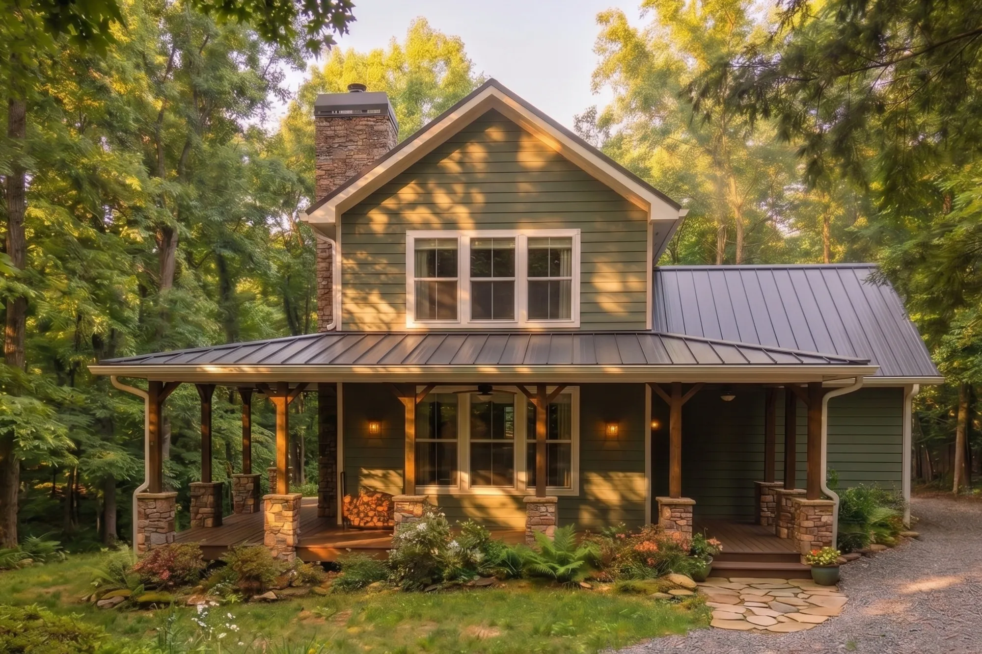 Exterior front view of The Sautee — wraparound porch on stone piers with timber posts, standing-seam metal roof, stone chimney, and a gabled second story