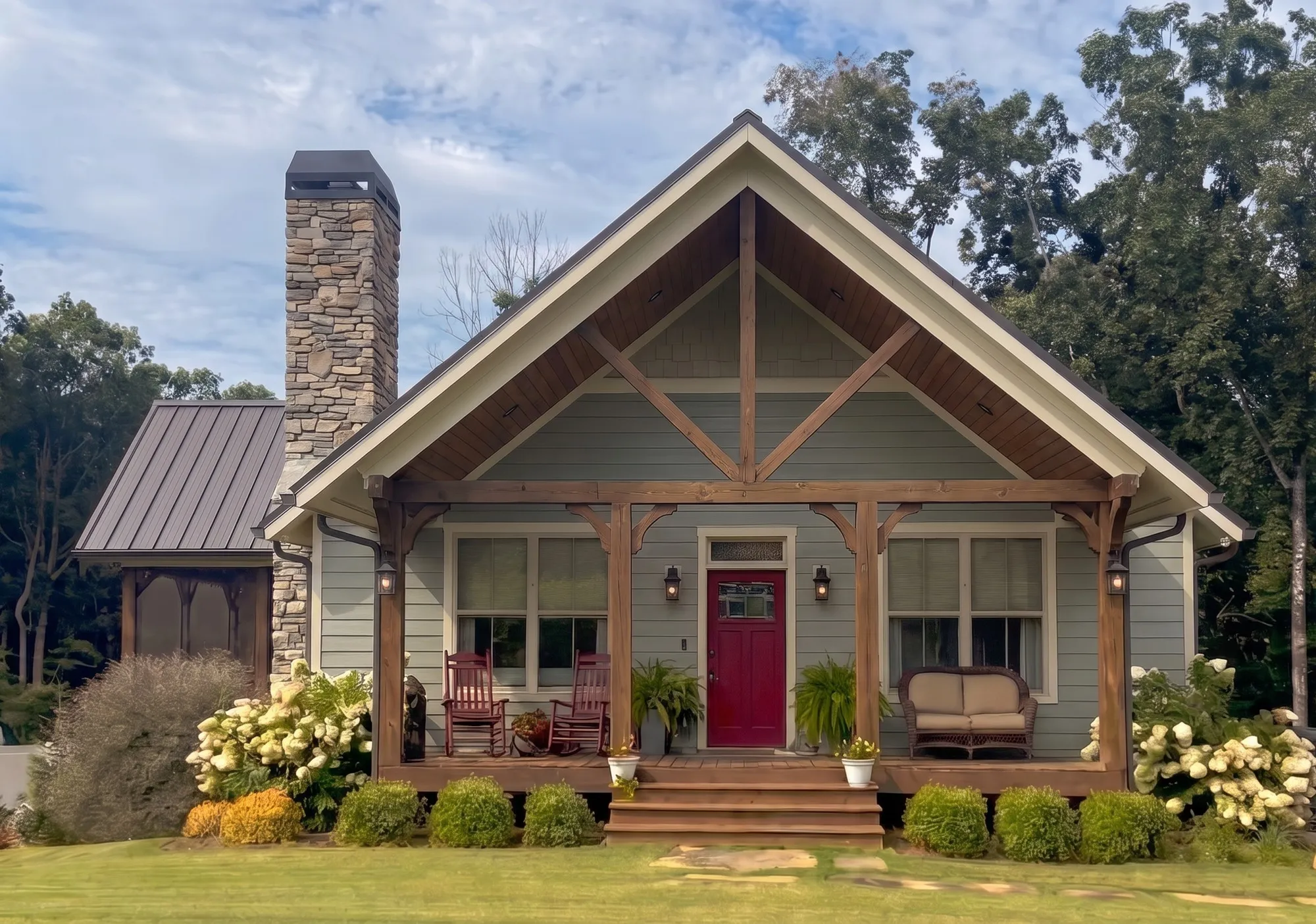 Exterior front view of The Soque — timber-frame porch gable, charcoal standing-seam roof, stone-wrapped chimney, and hydrangeas along the foundation