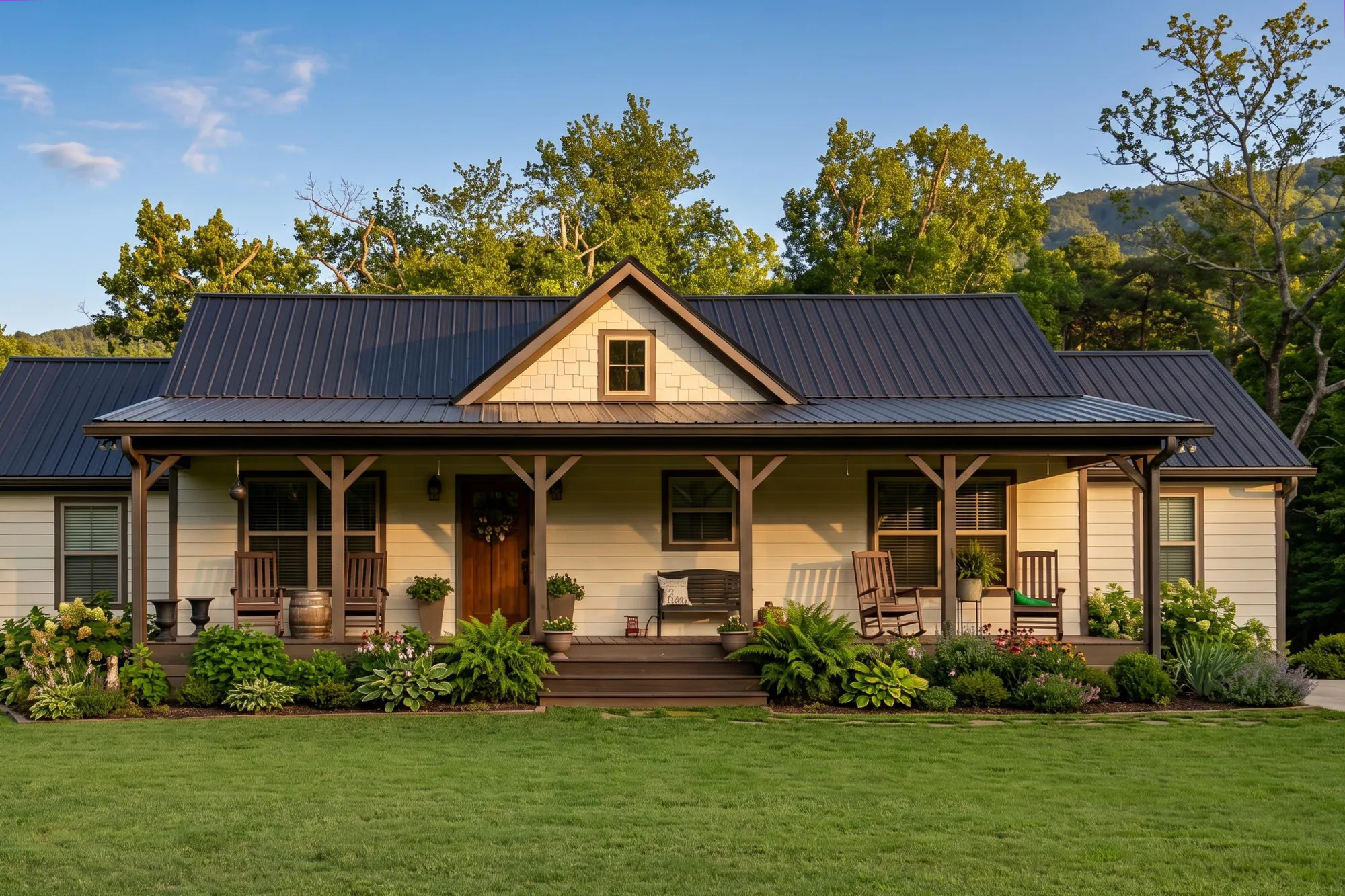 Exterior front view of The Yonah — creamy white siding, deep full-width porch on timber posts, shingled gable dormer, and a matte black standing-seam roof against the ridge