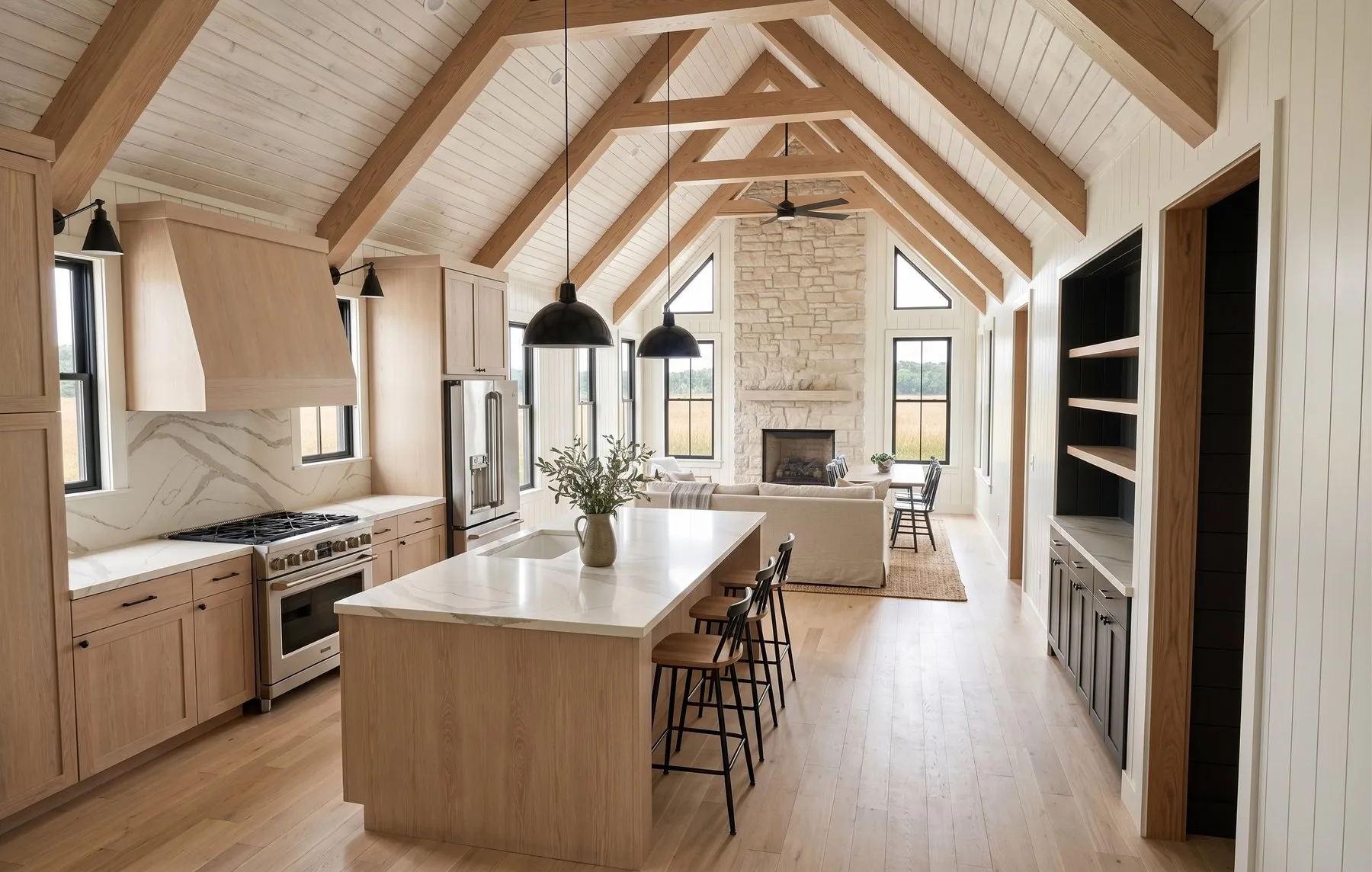 The Modern Farmhouse look — finish-study rendering of the view from the front door