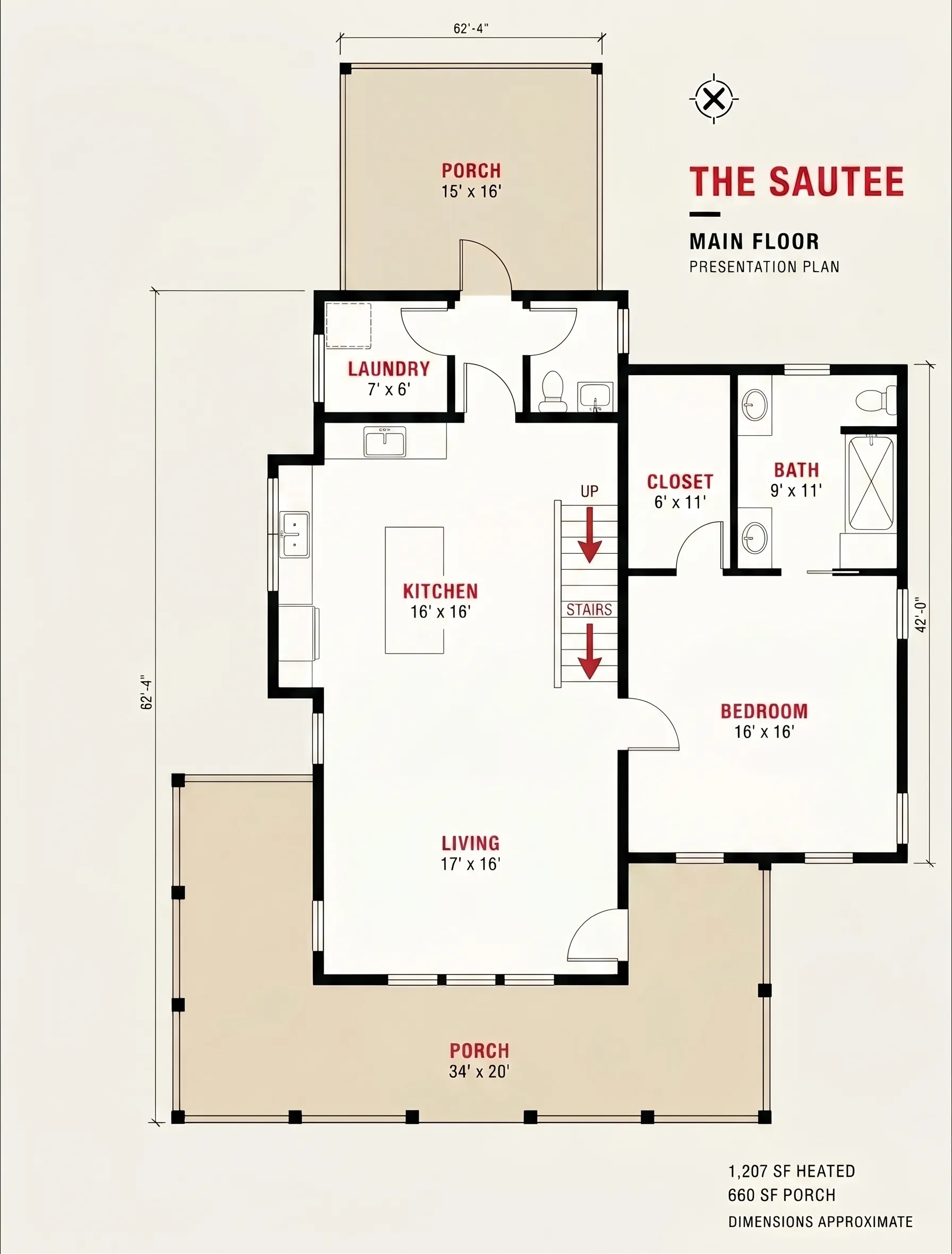 Floor plan of The Sautee — main level: open kitchen and living, primary bedroom with bath and walk-in closet, laundry, stairs up, and porches front and side, 1,207 square feet