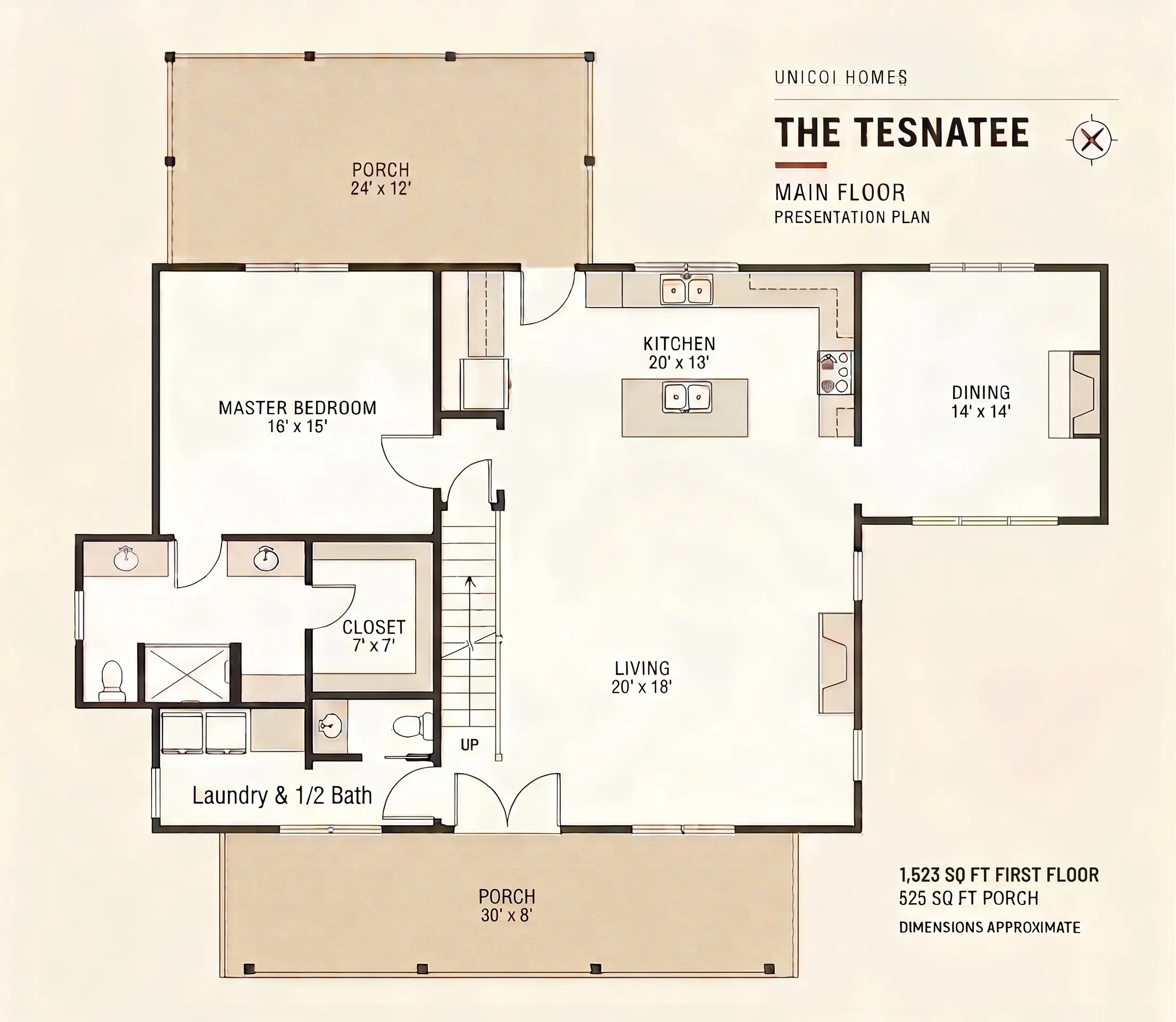 Floor plan of The Tesnatee — main level: primary suite with a walk-in closet and a bath with twin vanities, open kitchen, living and dining, laundry with a half bath, and covered porches front and back