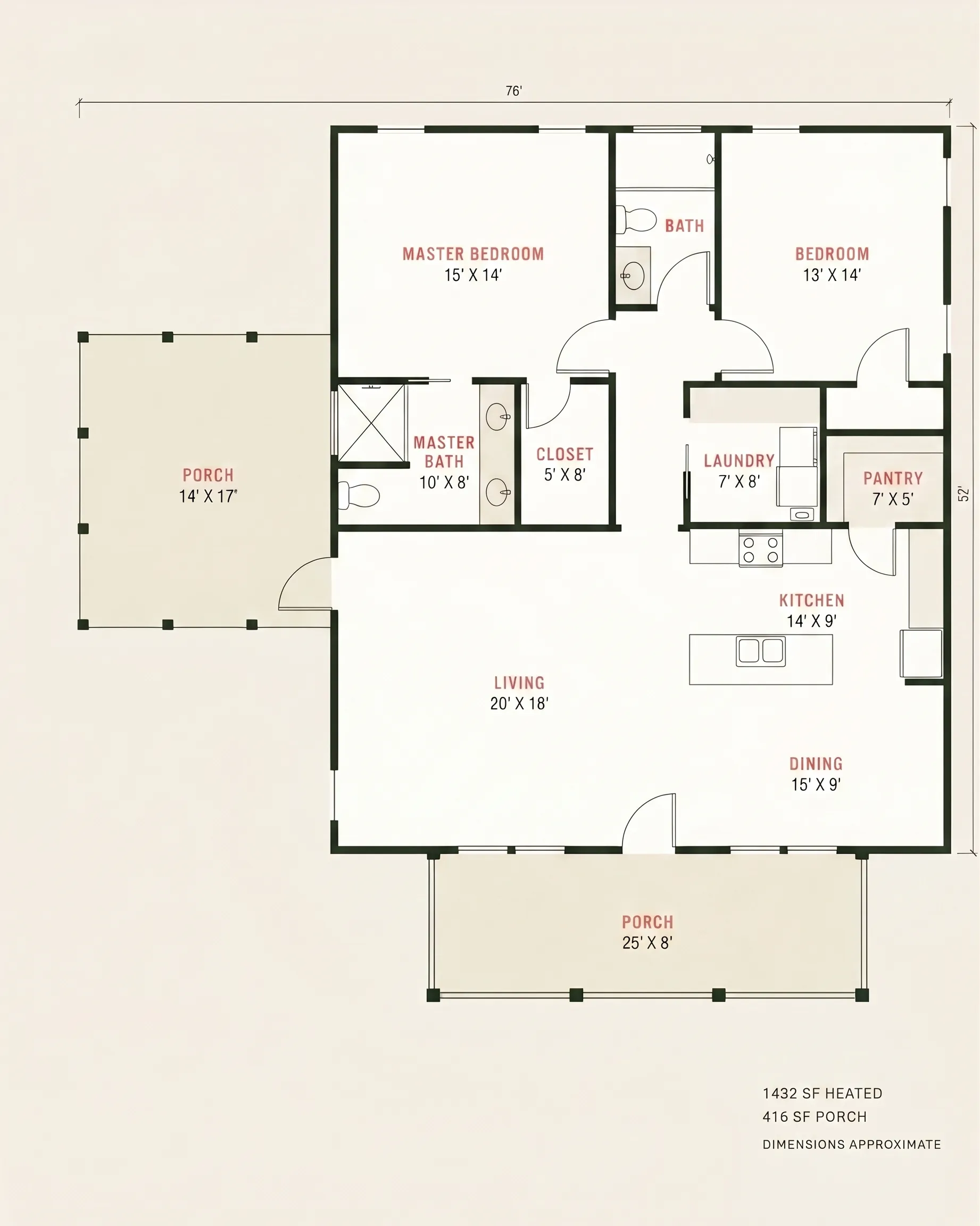 Floor plan of The Soque — main level: master bedroom, second bedroom, two baths, open living and dining, kitchen with pantry, laundry, and covered decks front and side