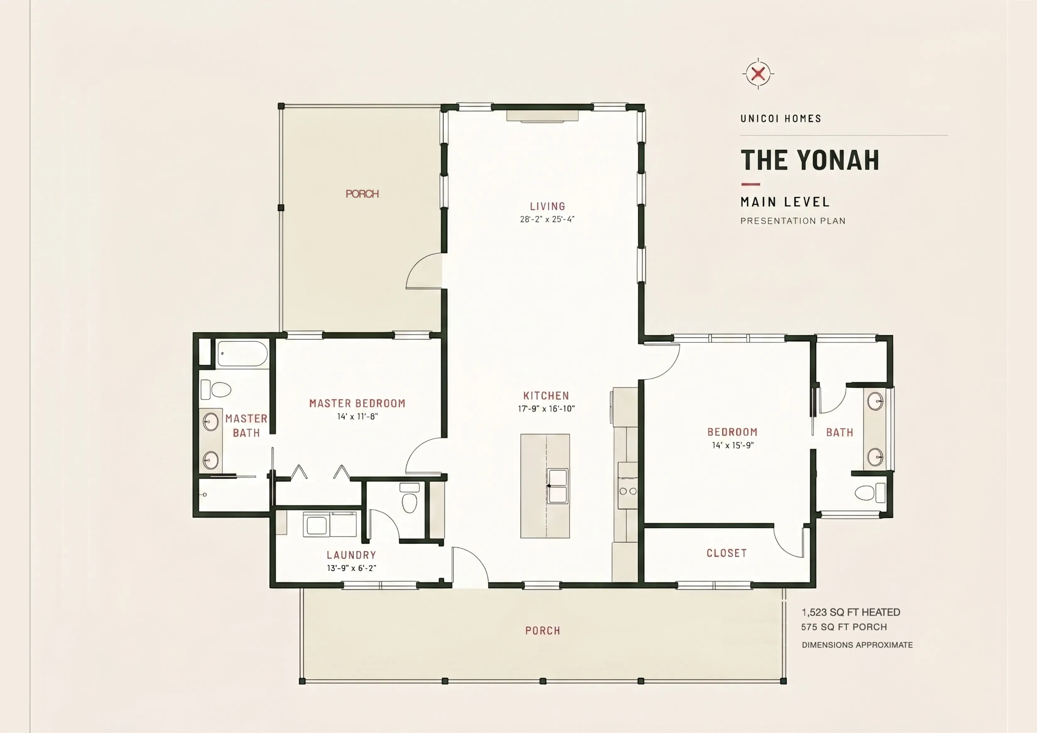 Floor plan of The Yonah — main level: two bedrooms each with its own bath, open living and kitchen, laundry, walk-in closet, full-width front porch and a side deck