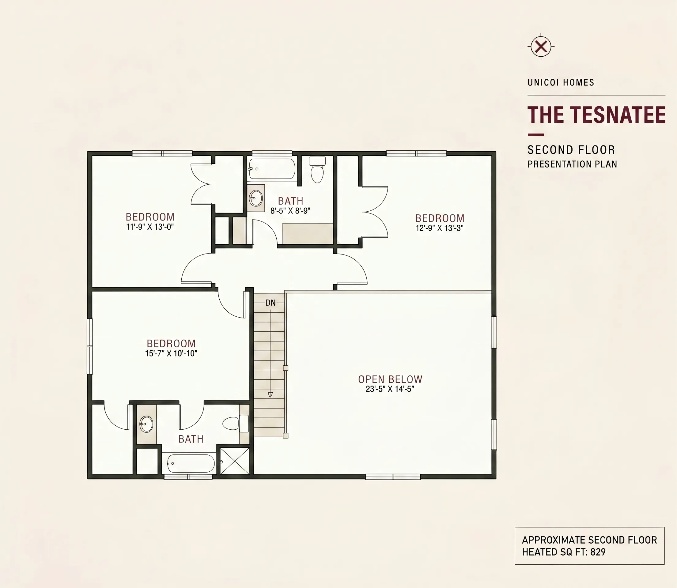Floor plan of The Tesnatee — second floor: three bedrooms, two full baths, and a landing open to the living room below