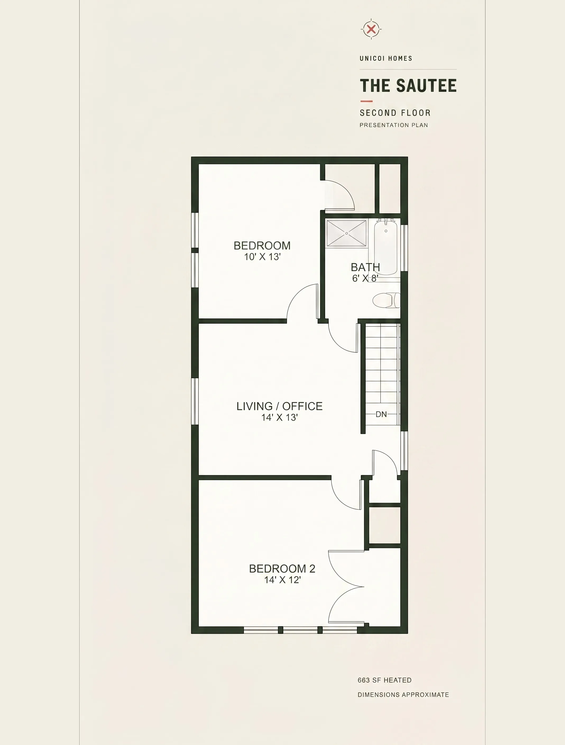 Floor plan of The Sautee — second floor: two bedrooms, a living or office room, and a full bath, 663 square feet