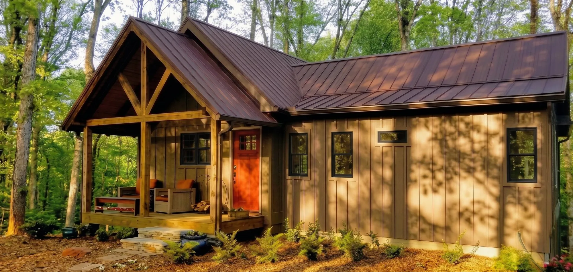Exterior front view of The Anna Ruby — timber-frame porch, board-and-batten siding, and a bronze standing-seam roof in the North Georgia woods