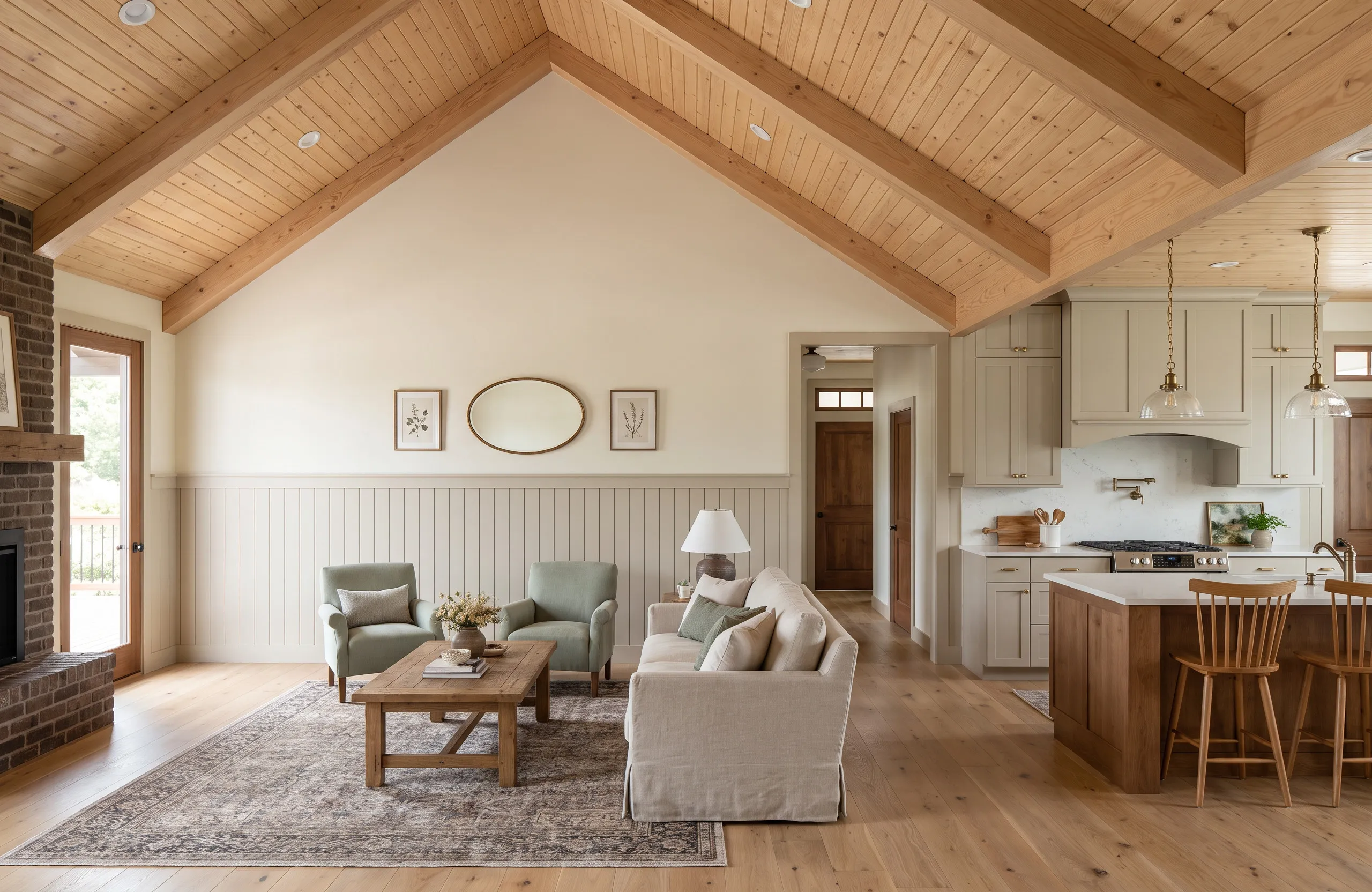 The living room of The Soque — seating grouped around the hearth under a beamed ceiling