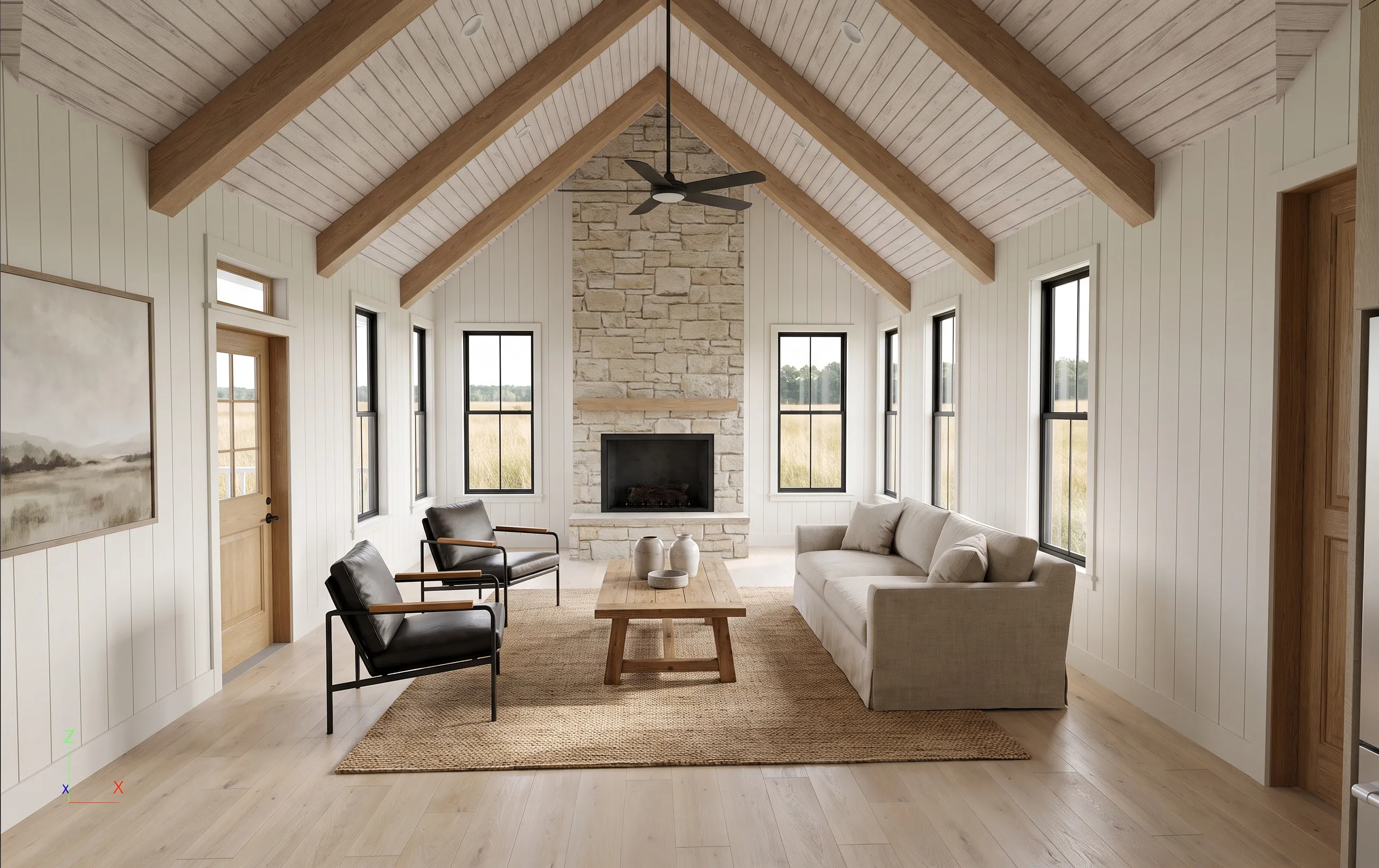 The living room of The Yonah — open to the kitchen under a beamed ceiling