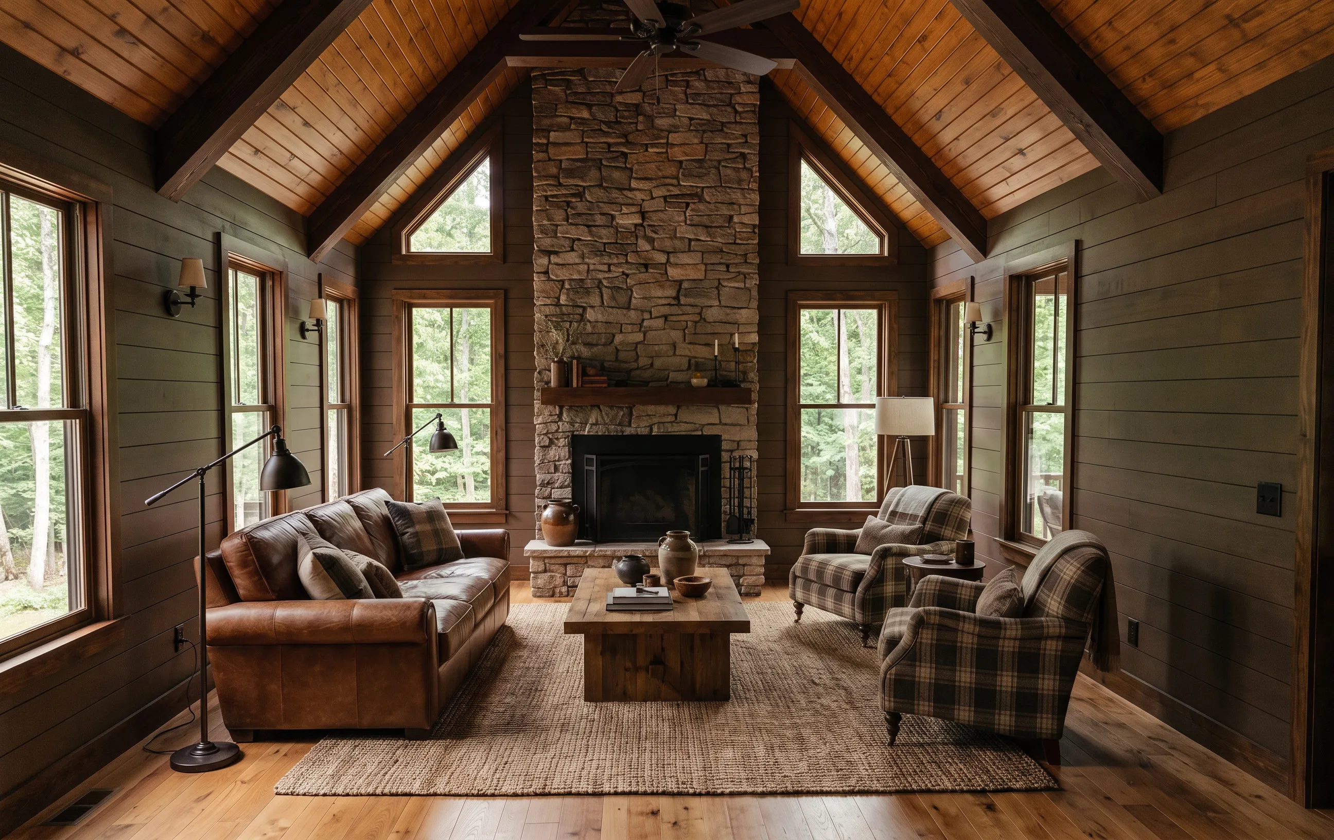 The living room of The Anna Ruby — vaulted stained ceiling and a drystack stone hearth