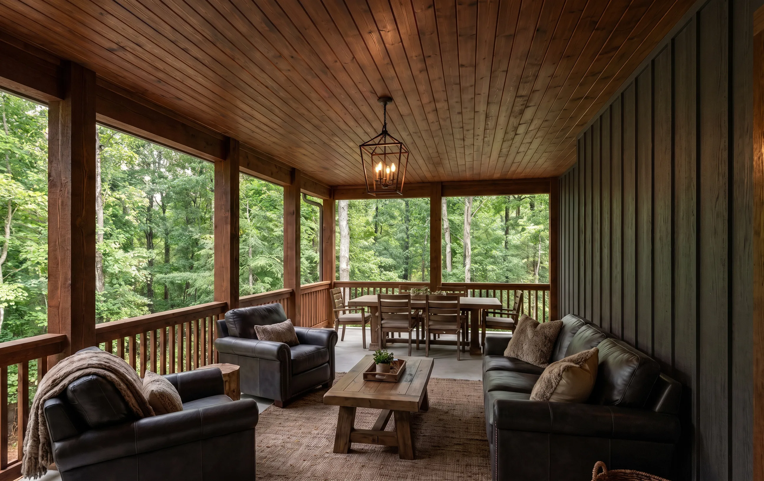 The covered porch of The Anna Ruby — stained tongue-and-groove ceiling and timber posts