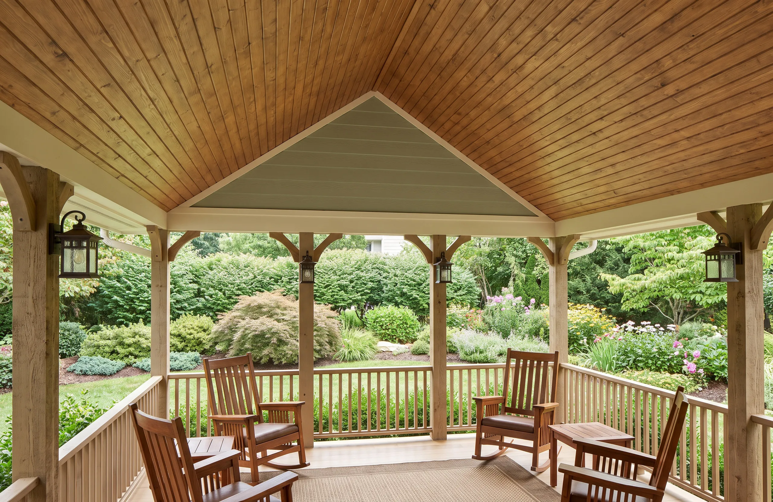 The covered porch of The Soque — stained tongue-and-groove ceiling, timber posts, and the view out