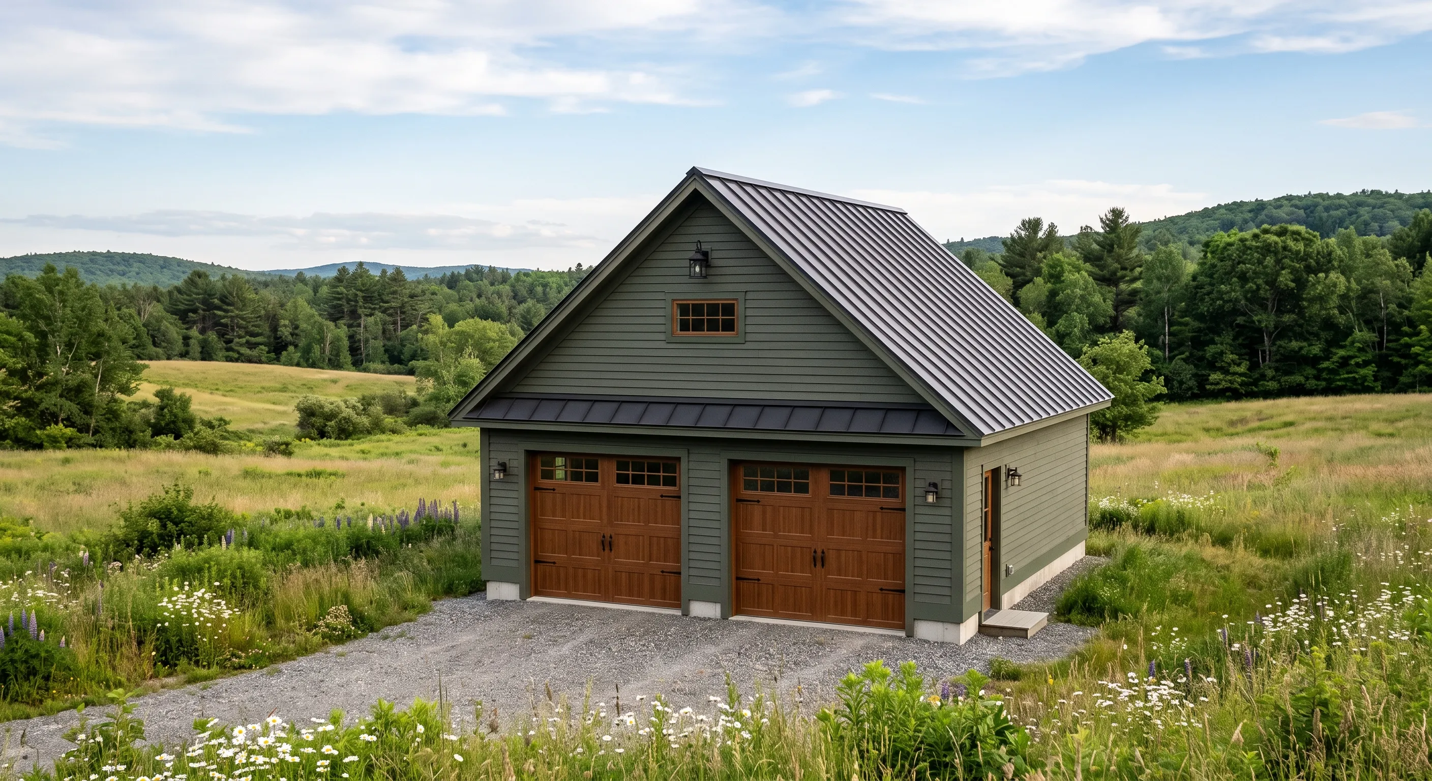 A Unicoi Homes garage — a matching outbuilding, not a box: same siding, same standing-seam roof, same trim and lanterns as the house it stands beside