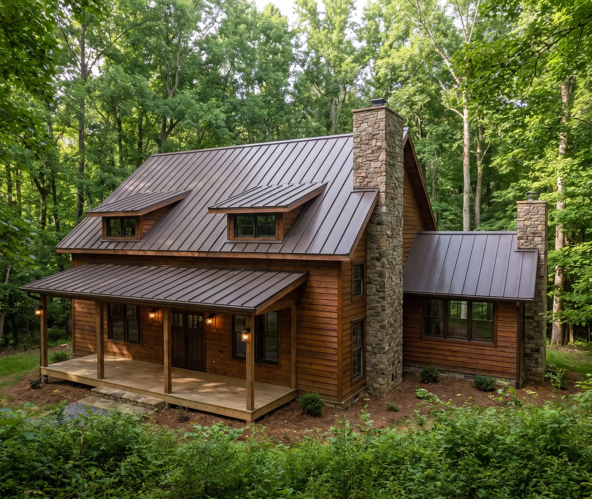 Exterior of The Tesnatee in the Cabin look — stained wood siding, a charcoal standing-seam roof over twin shed dormers, a stone chimney, and a deep covered porch on timber posts
