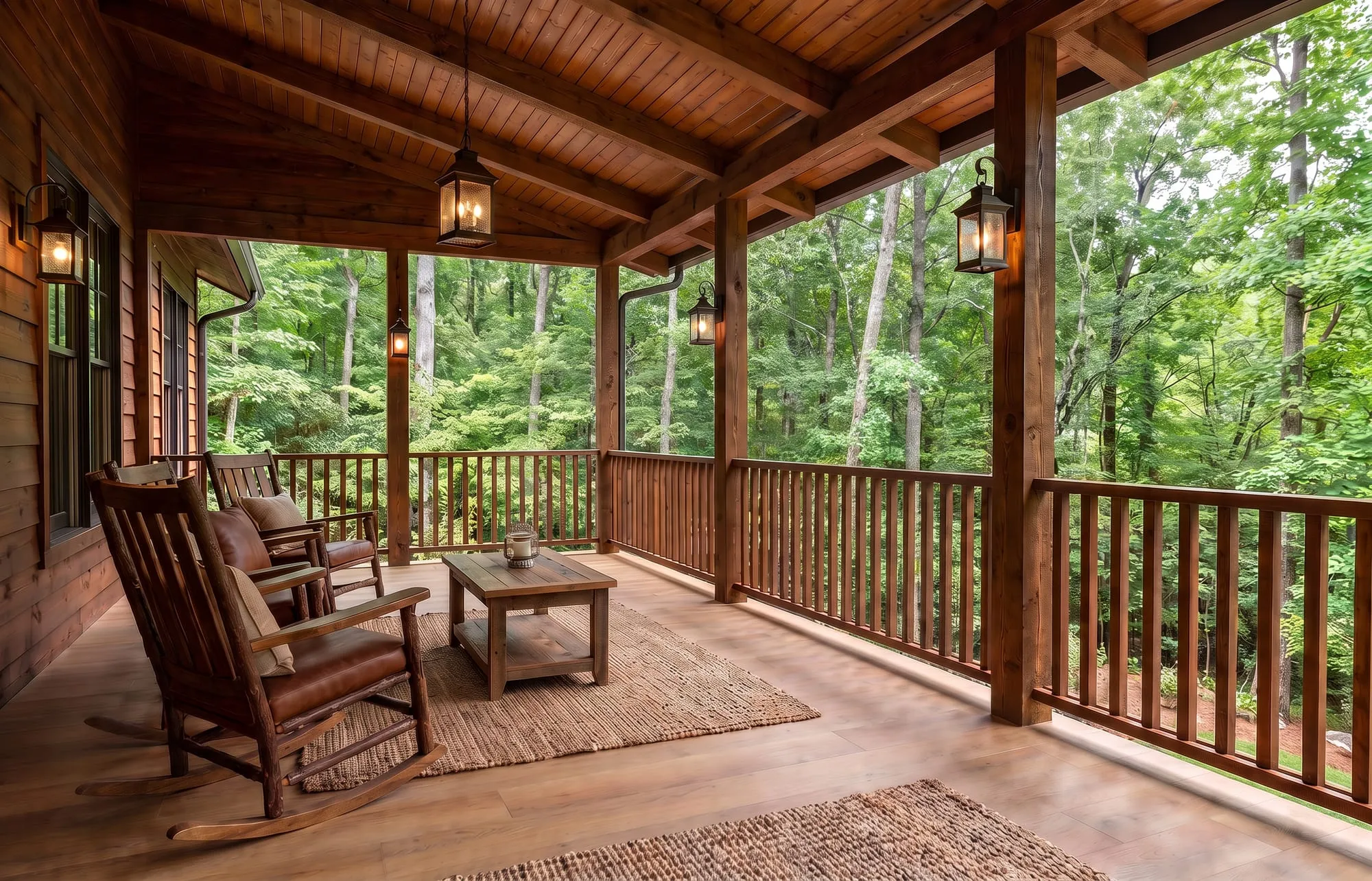 The covered porch of The Tesnatee — stained tongue-and-groove ceiling, timber posts and rail, rockers facing the woods